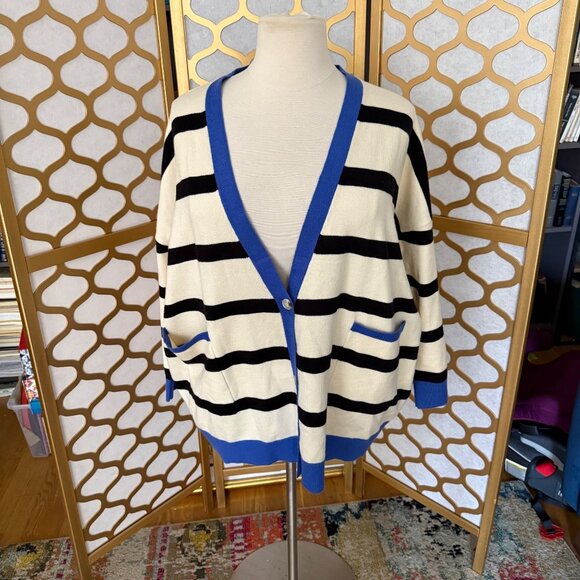IV House Size L/XL Blue Black White Striped Oversized Boyfriend Cardigan Sweater - Picture 12 of 15